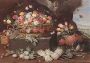 Jan Van Kessel Still life of various flwers in a basket,tulips in a copper pot hortensias,asparagi and artichokes laid out on the ground,together with an owl,butterf oil painting on canvas